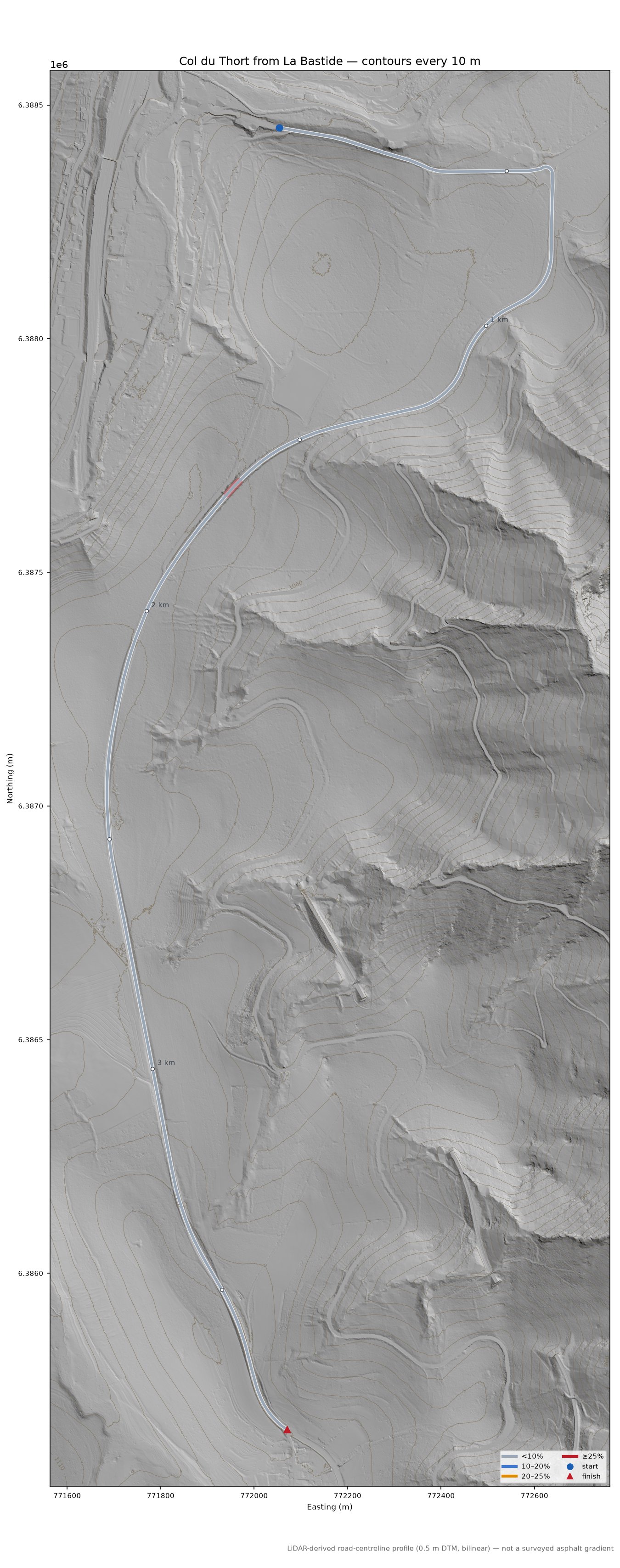 Col du Thort from La Bastide LiDAR hillshade map with contours