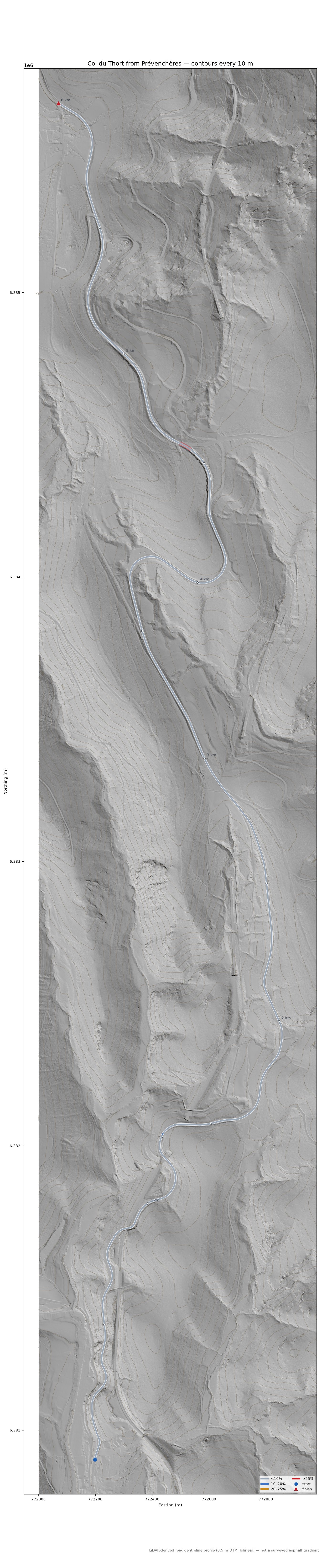 Col du Thort from Prévenchères LiDAR hillshade map with contours