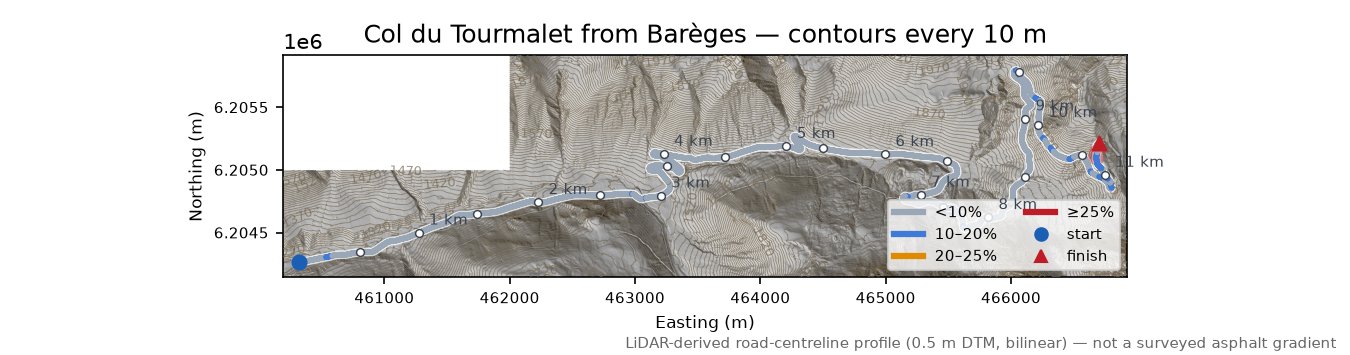 Col du Tourmalet from Barèges LiDAR hillshade map with contours