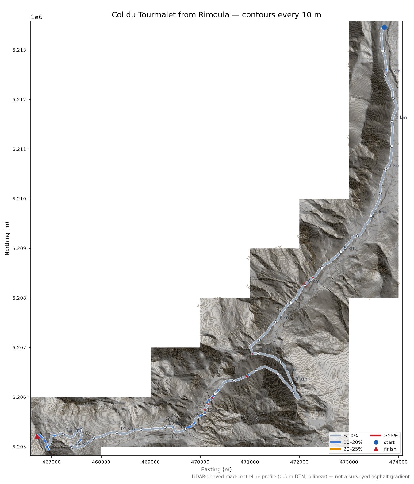 Col du Tourmalet from Rimoula LiDAR hillshade map with contours