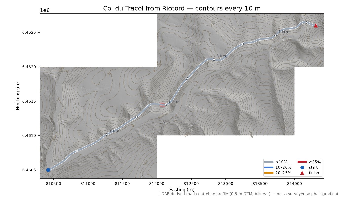 Col du Tracol from Riotord LiDAR hillshade map with contours