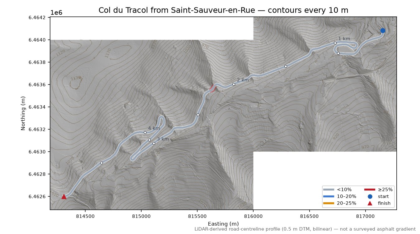 Col du Tracol from Saint-Sauveur-en-Rue LiDAR hillshade map with contours