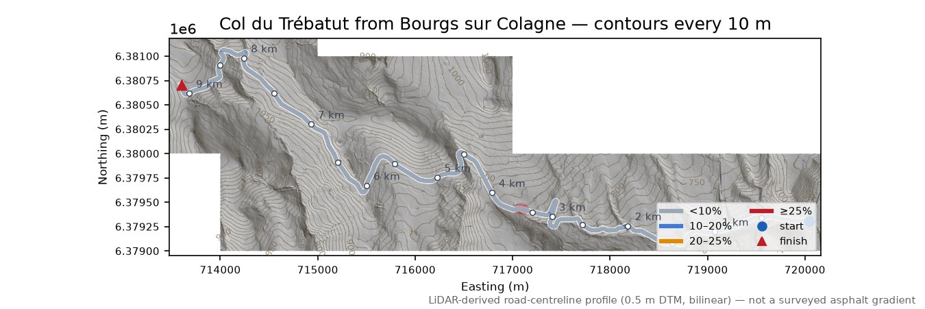 Col du Trébatut from Bourgs sur Colagne LiDAR hillshade map with contours