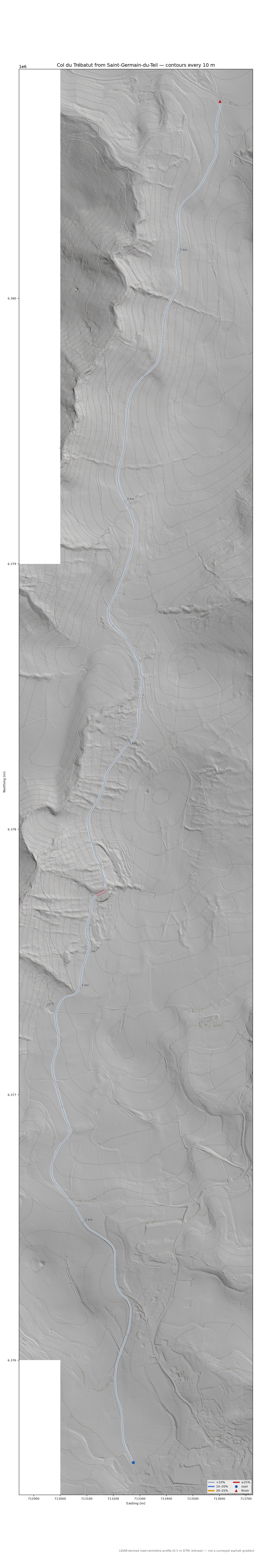 Col du Trébatut from Saint-Germain-du-Teil LiDAR hillshade map with contours