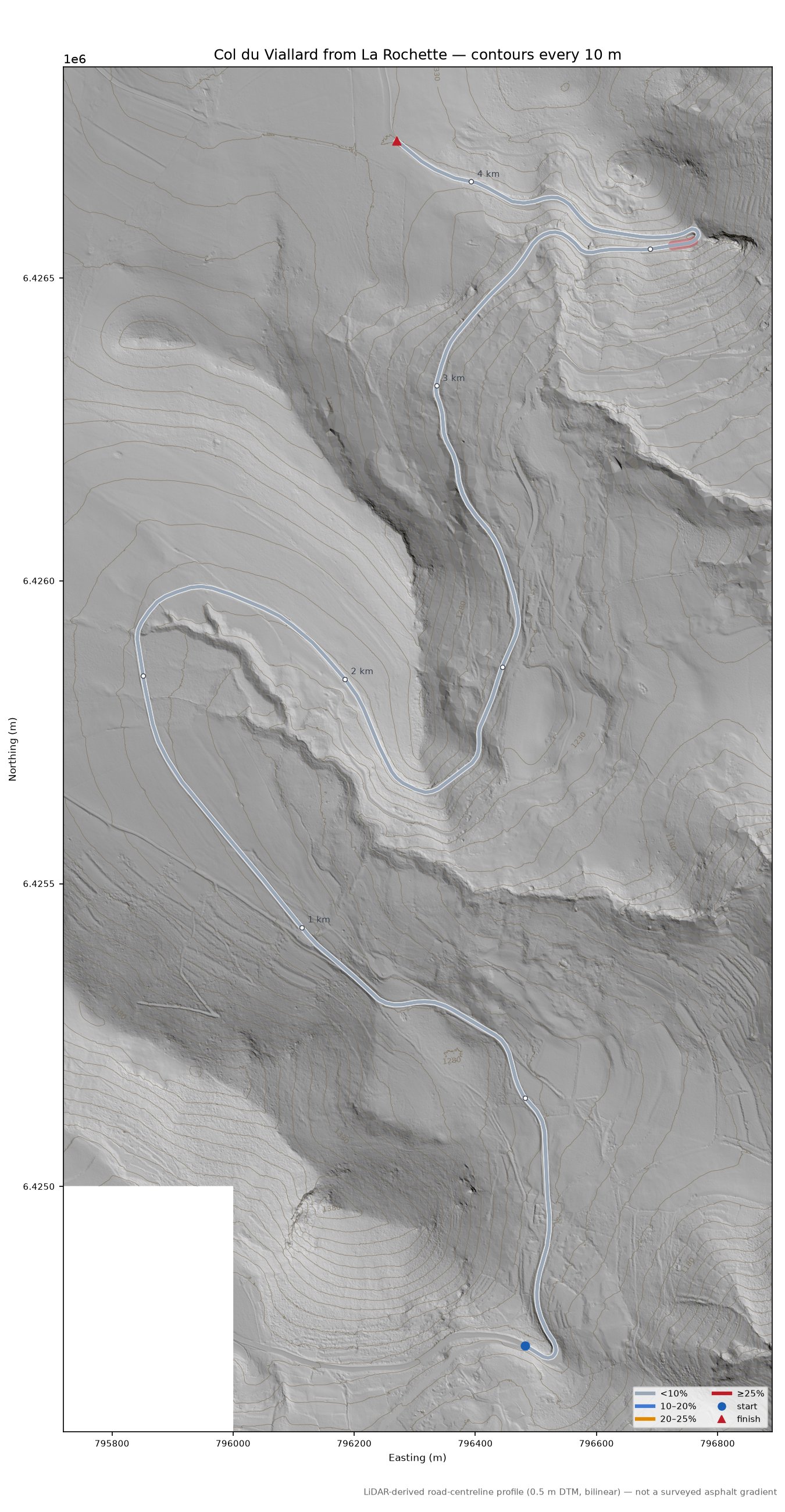 Col du Viallard from La Rochette LiDAR hillshade map with contours