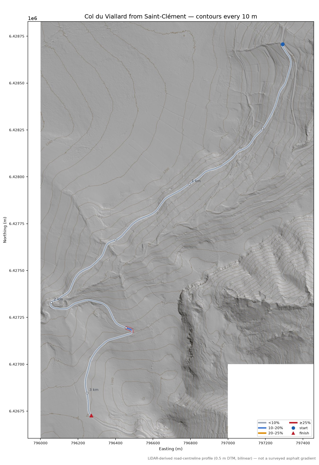Col du Viallard from Saint-Clément LiDAR hillshade map with contours