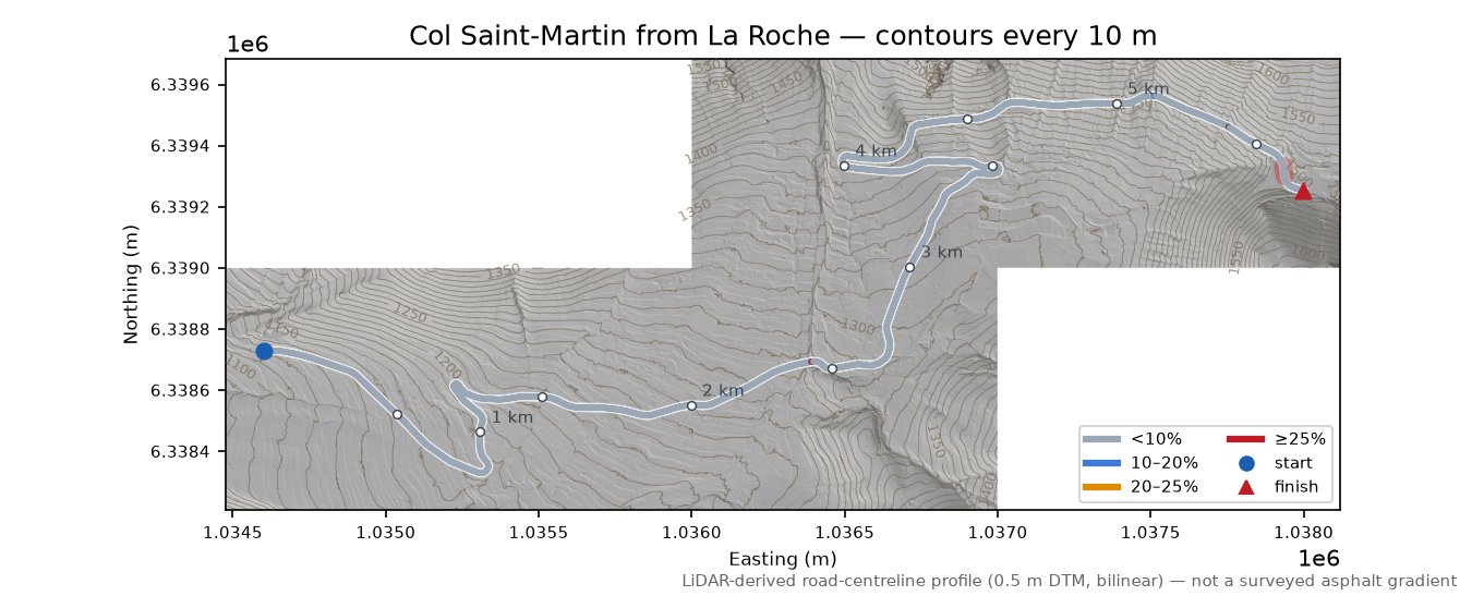 Col Saint-Martin from La Roche LiDAR hillshade map with contours