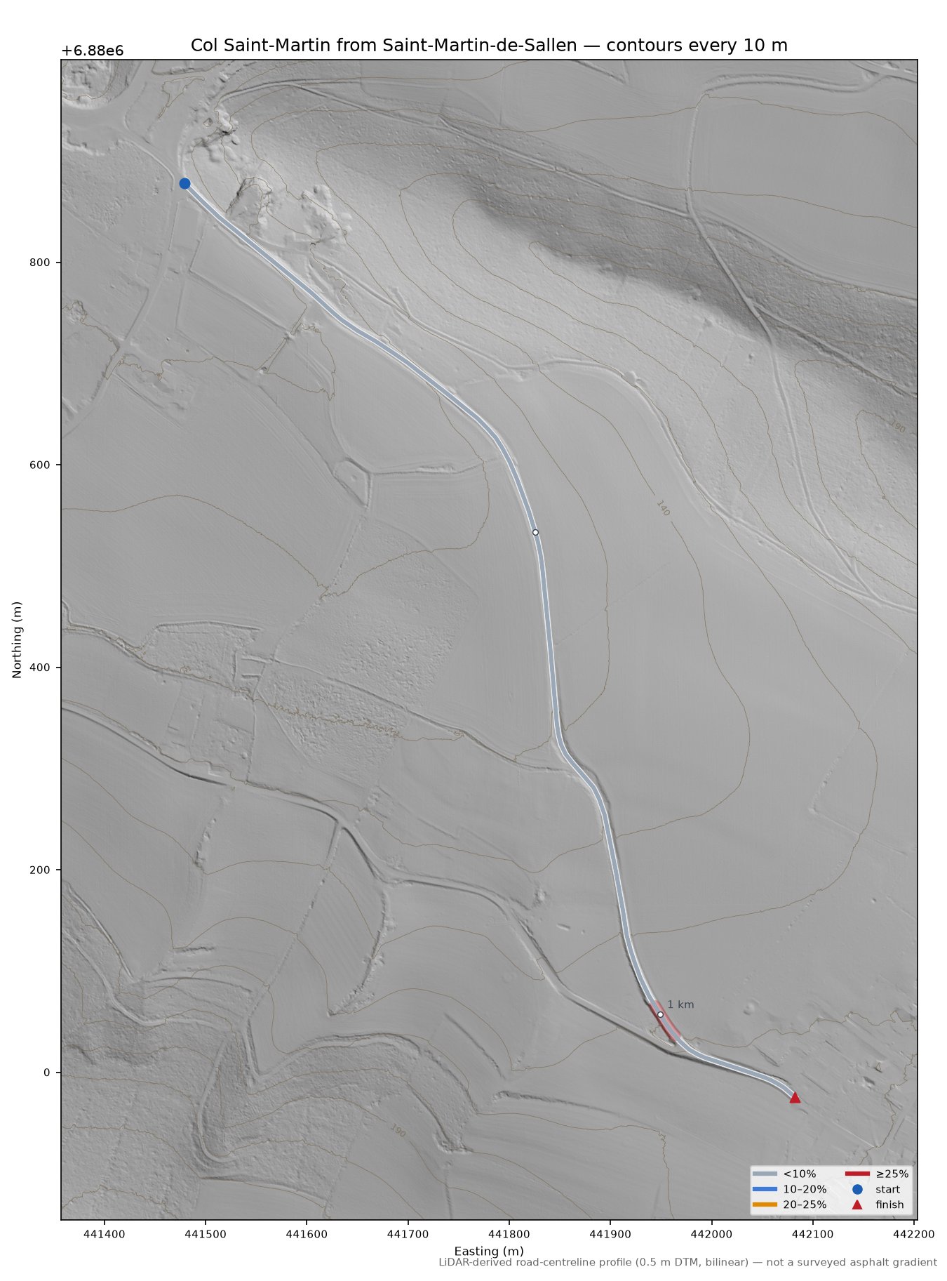 Col Saint-Martin from Saint-Martin-de-Sallen LiDAR hillshade map with contours