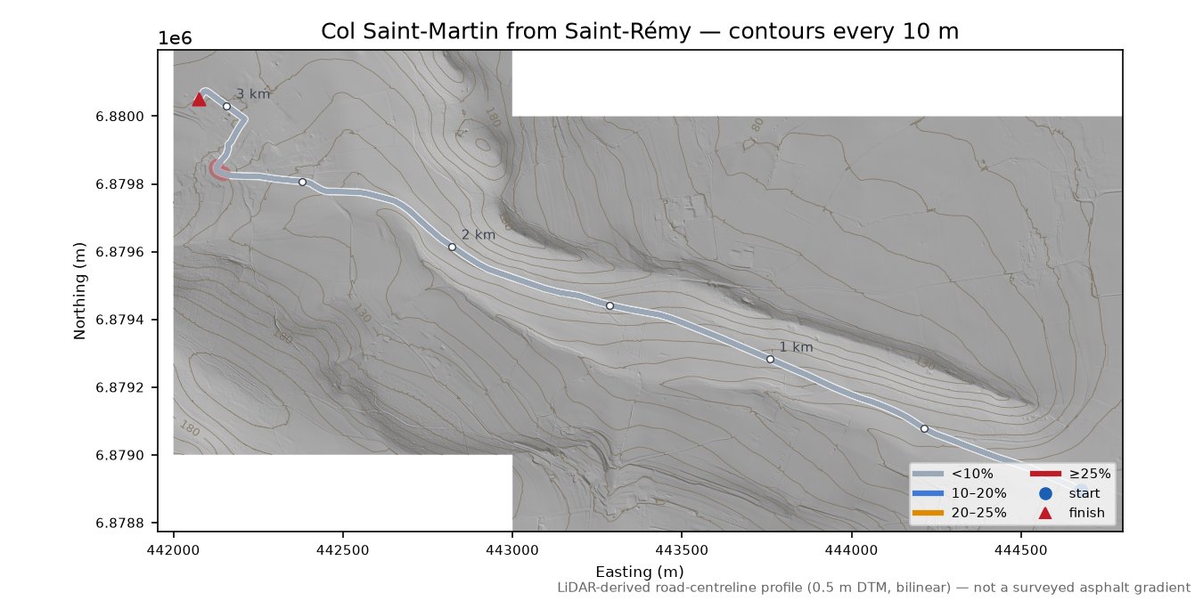Col Saint-Martin from Saint-Rémy LiDAR hillshade map with contours