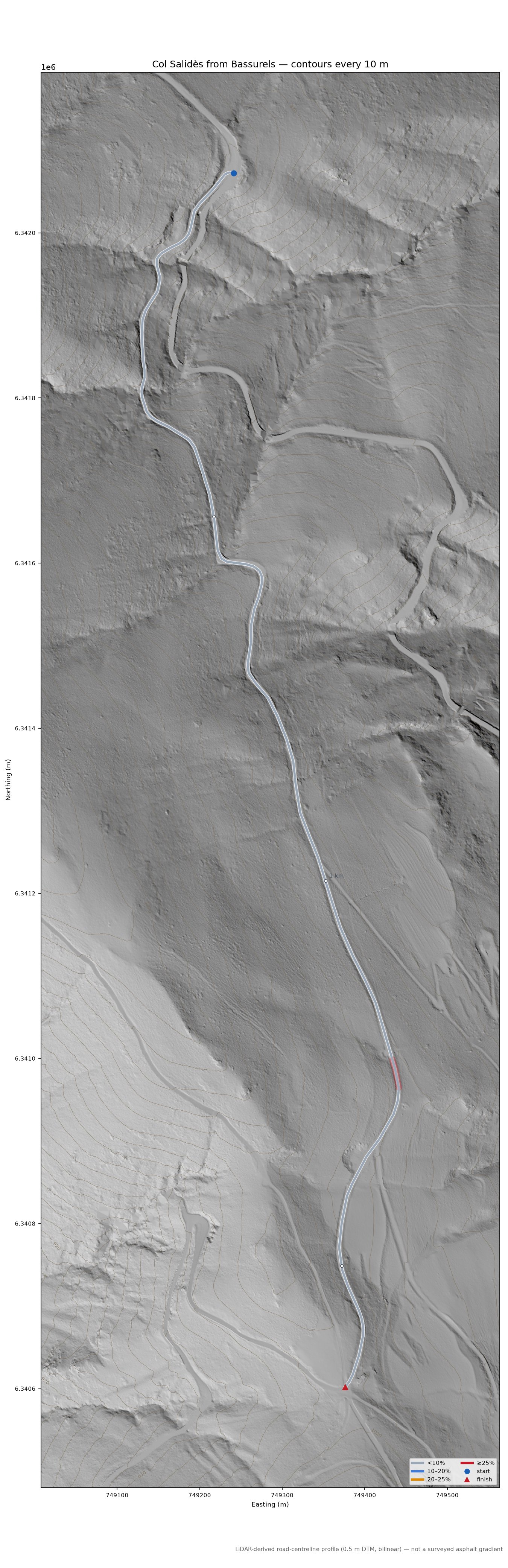Col Salidès from Bassurels LiDAR hillshade map with contours