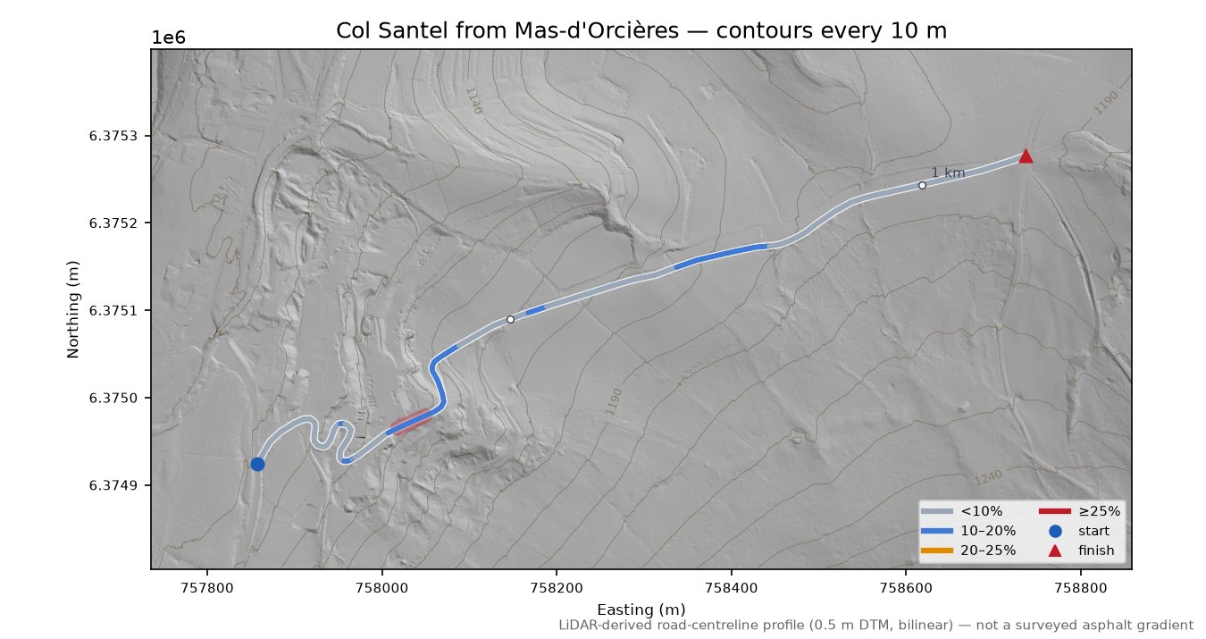 Col Santel from Mas-d'Orcières LiDAR hillshade map with contours