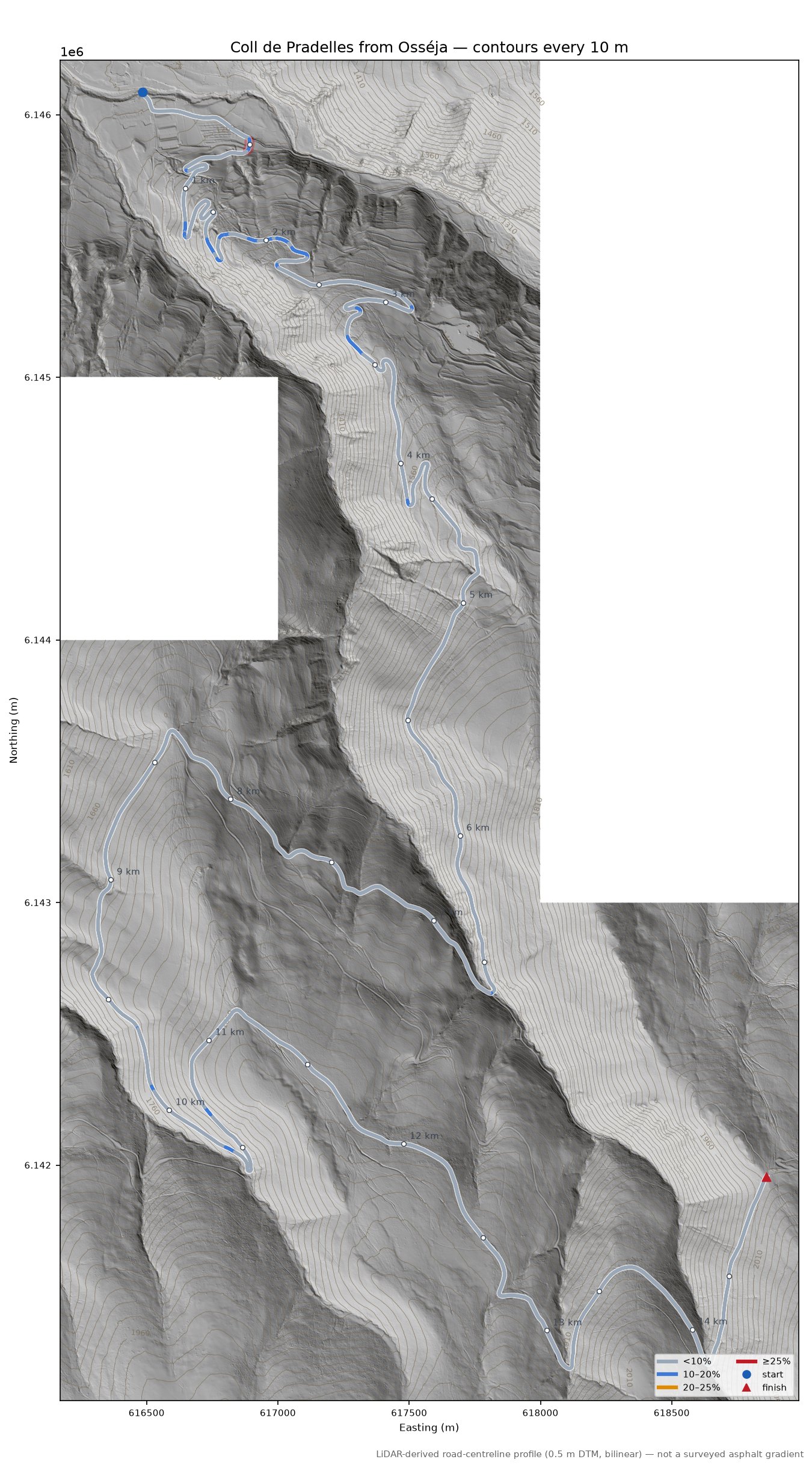 Coll de Pradelles from Osséja LiDAR hillshade map with contours