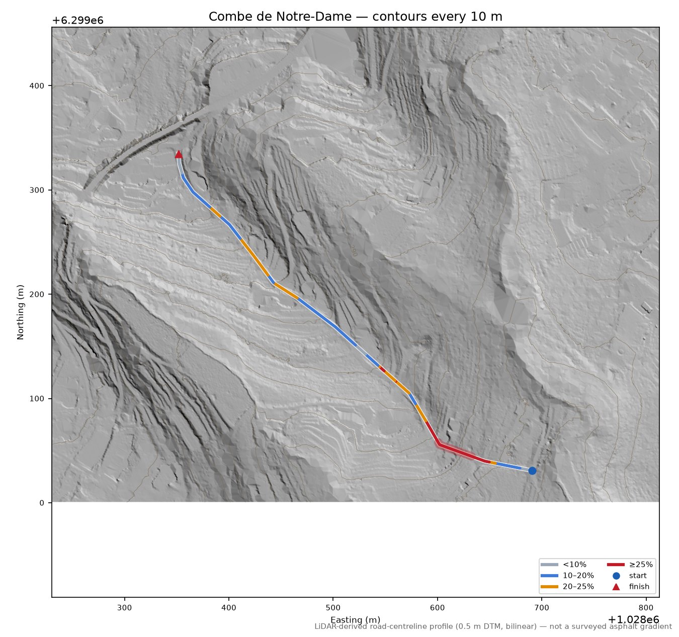 Combe de Notre-Dame LiDAR hillshade map with contours