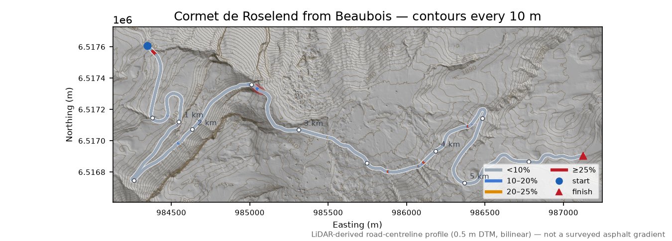 Cormet de Roselend from Beaubois LiDAR hillshade map with contours