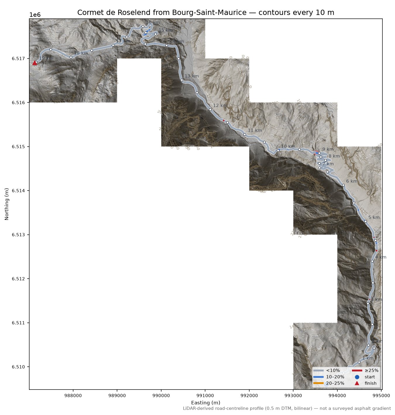Cormet de Roselend from Bourg-Saint-Maurice LiDAR hillshade map with contours