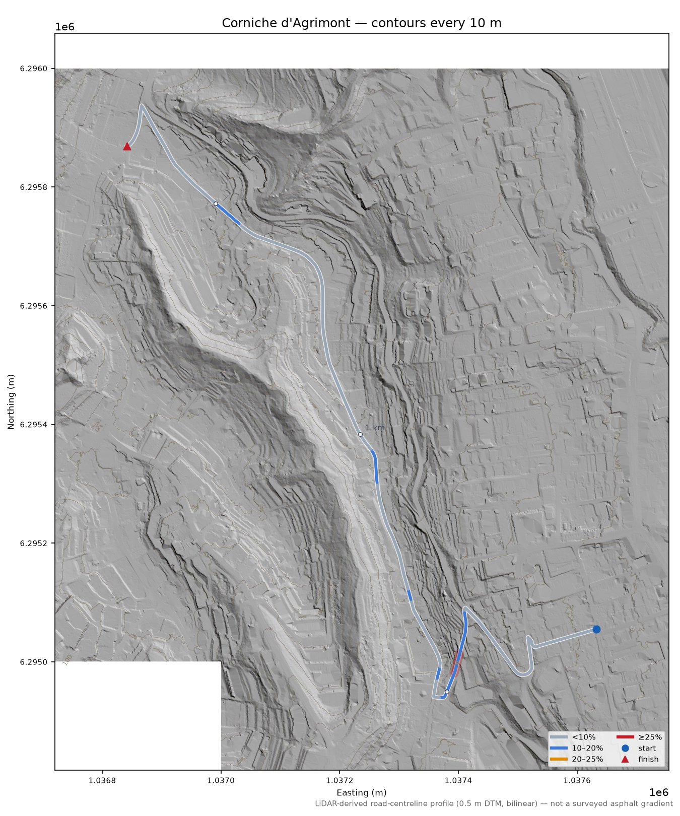 Corniche d'Agrimont LiDAR hillshade map with contours