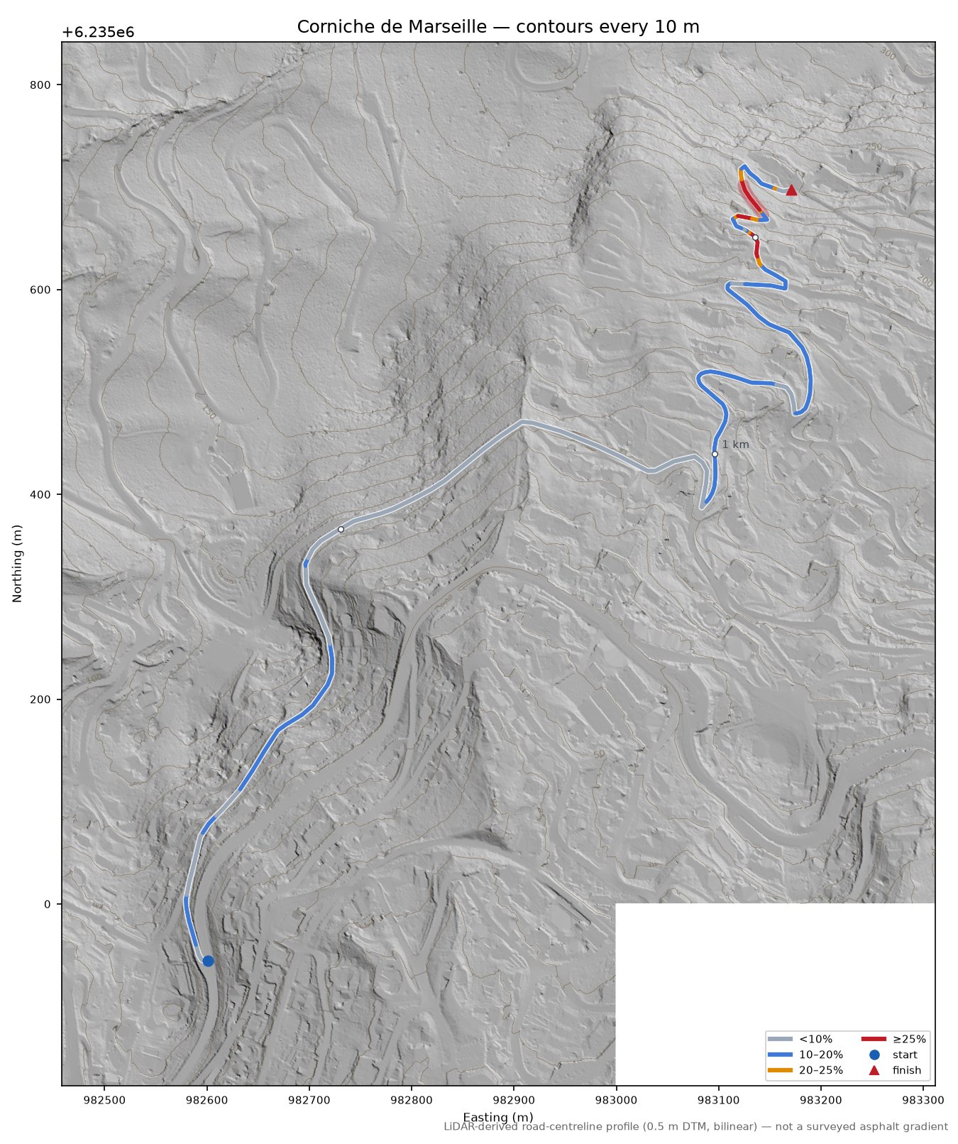 Corniche de Marseille LiDAR hillshade map with contours