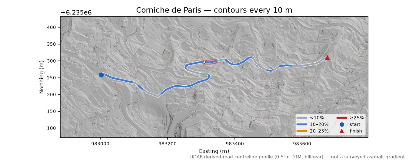 Corniche de Paris LiDAR hillshade map with contours