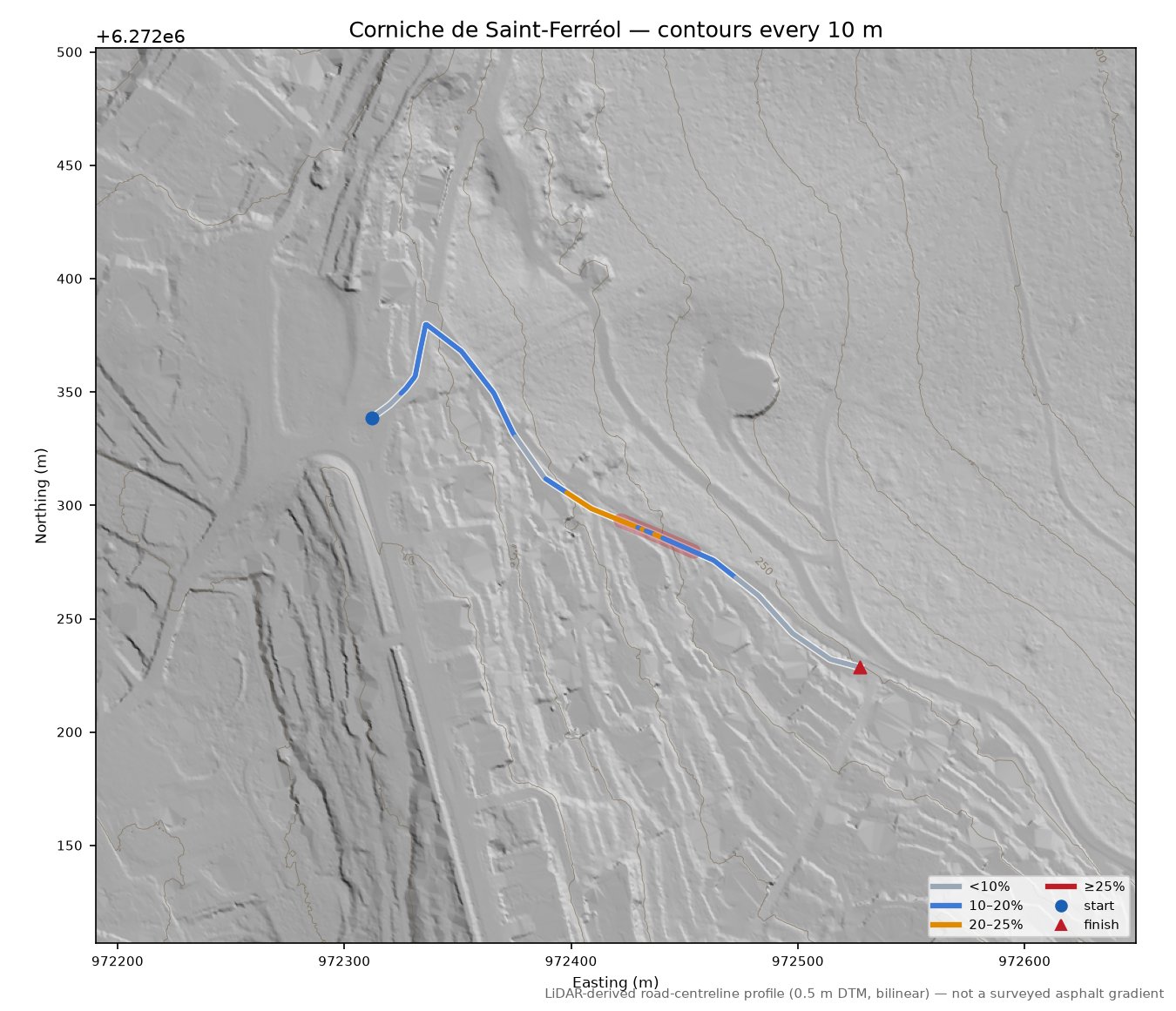 Corniche de Saint-Ferréol LiDAR hillshade map with contours