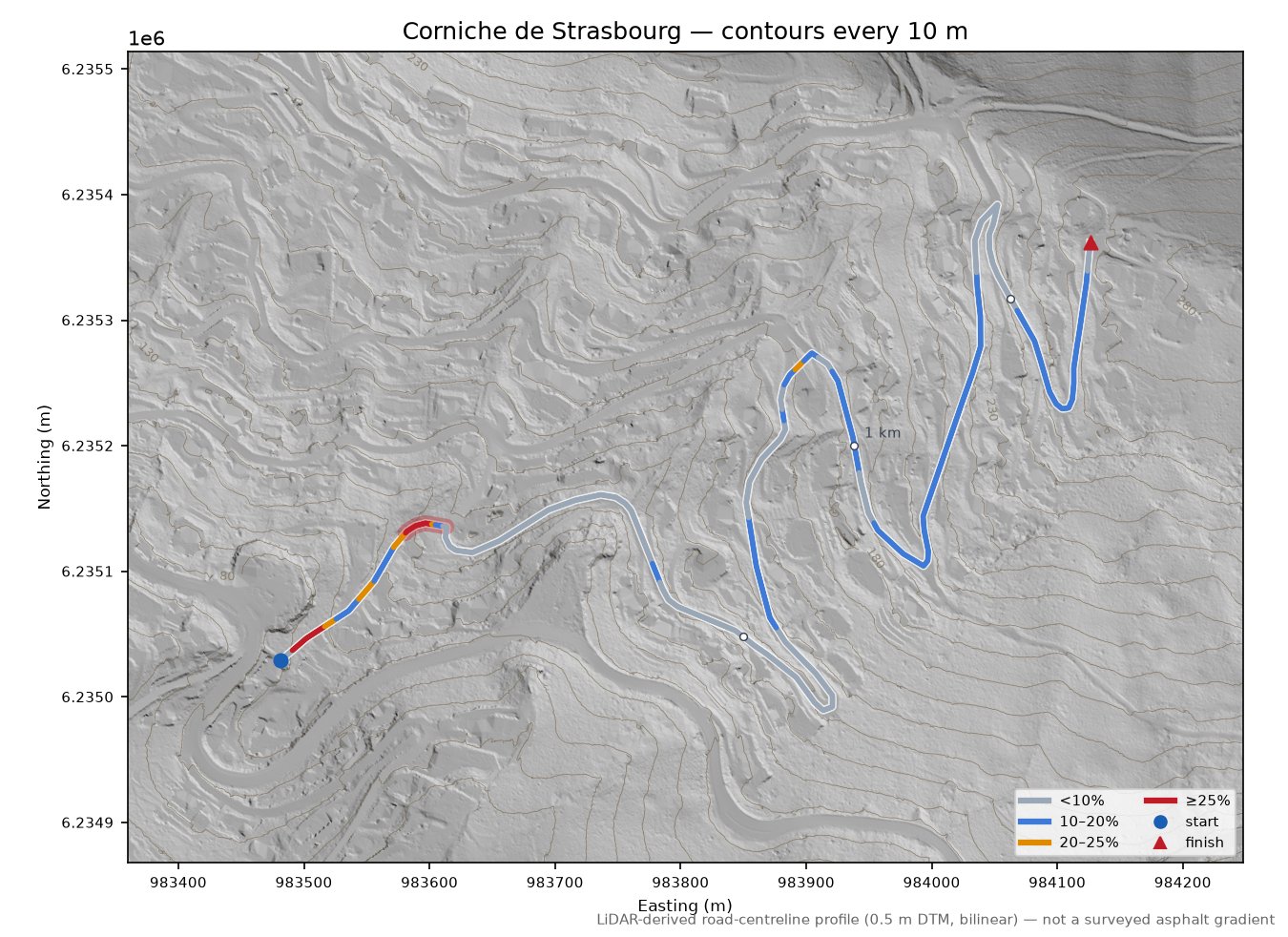 Corniche de Strasbourg LiDAR hillshade map with contours