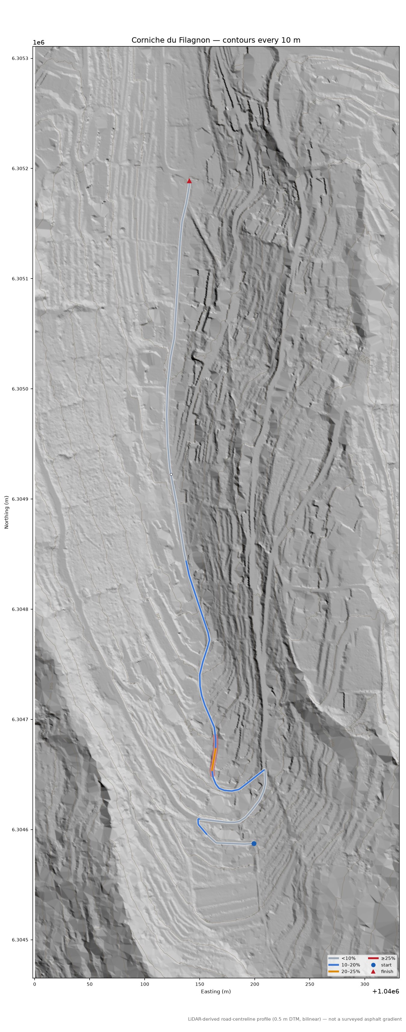 Corniche du Filagnon LiDAR hillshade map with contours