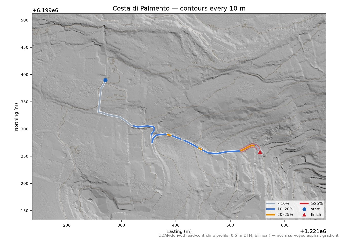 Costa di Palmento LiDAR hillshade map with contours