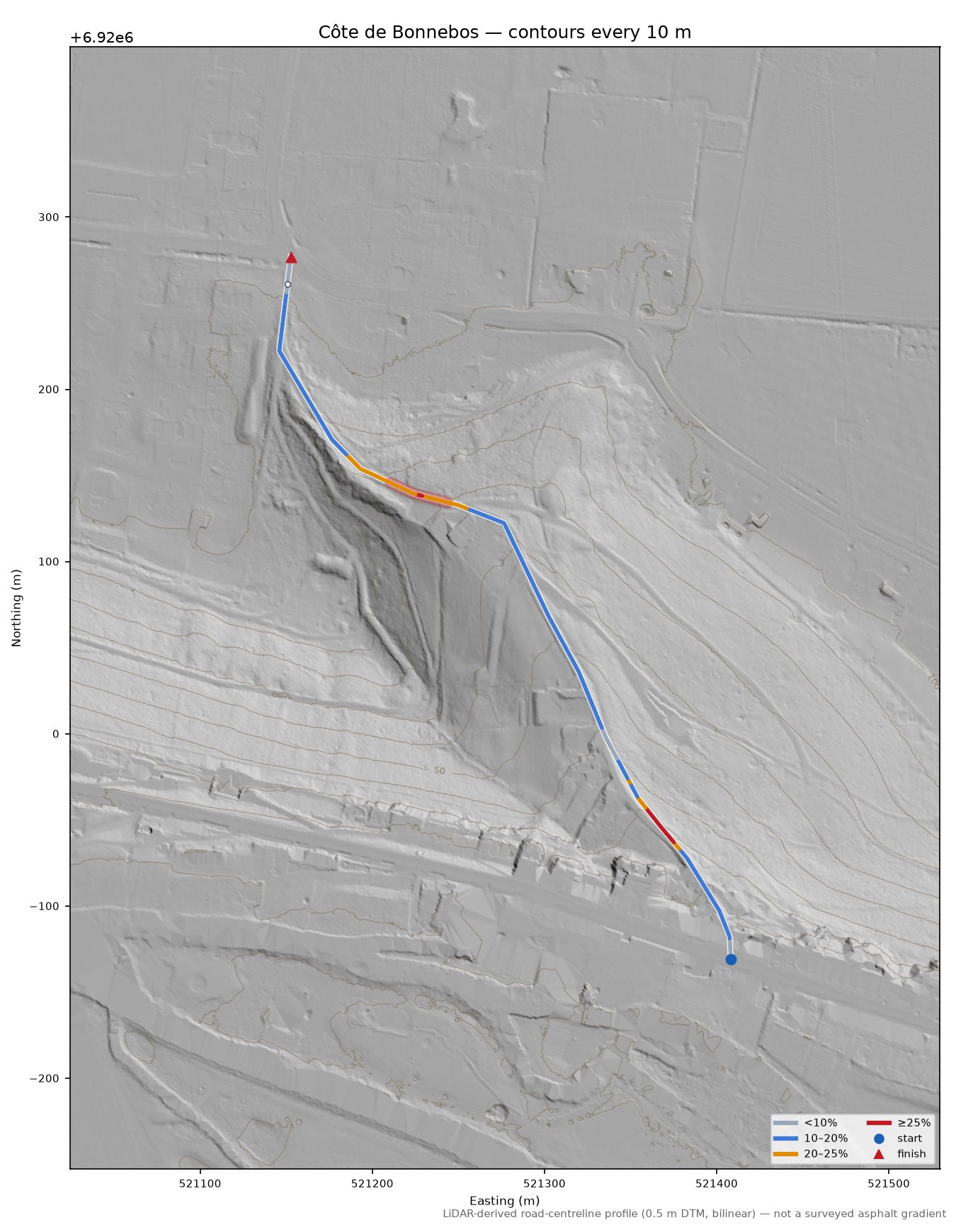 Côte de Bonnebos LiDAR hillshade map with contours