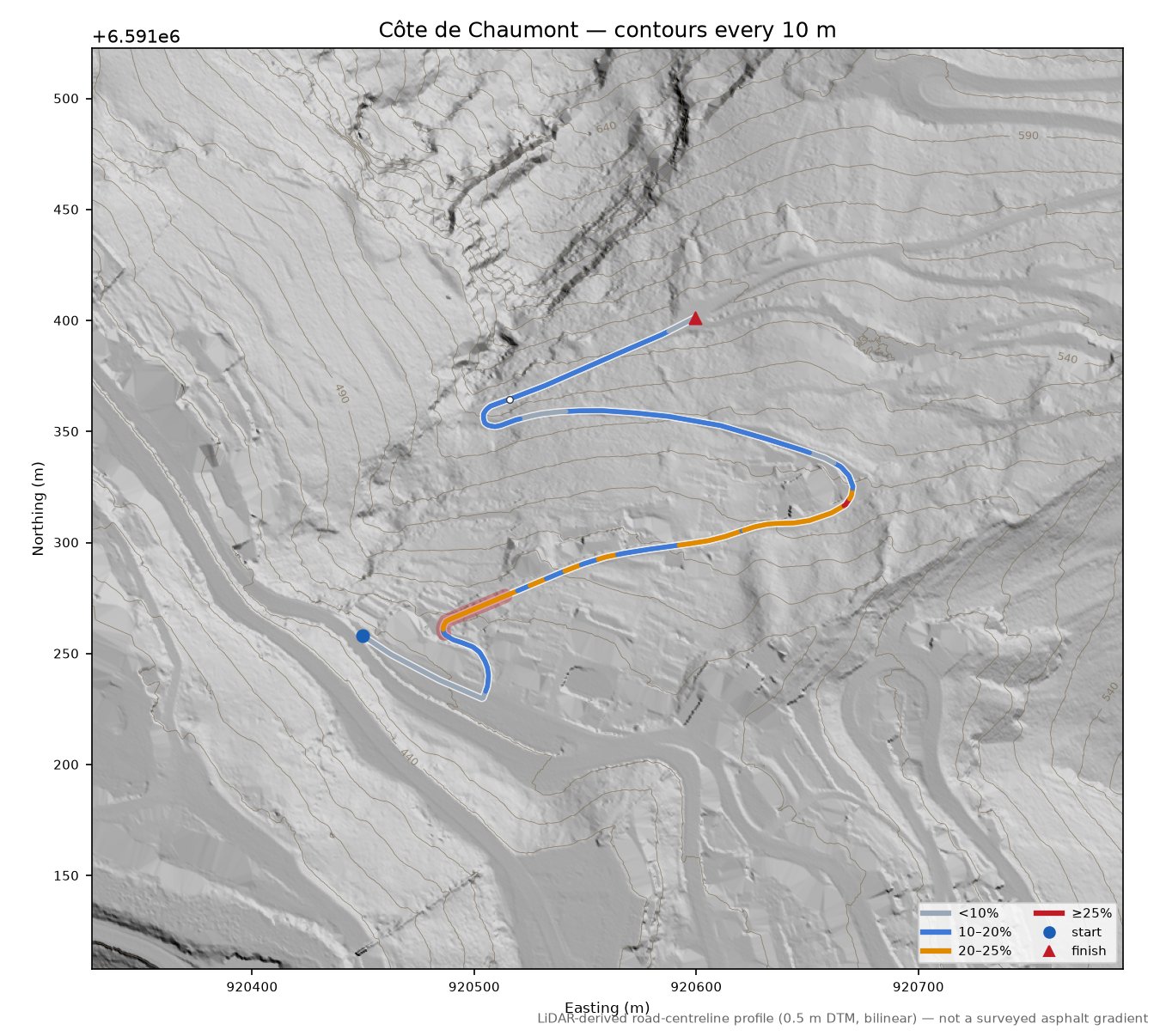 Côte de Chaumont LiDAR hillshade map with contours