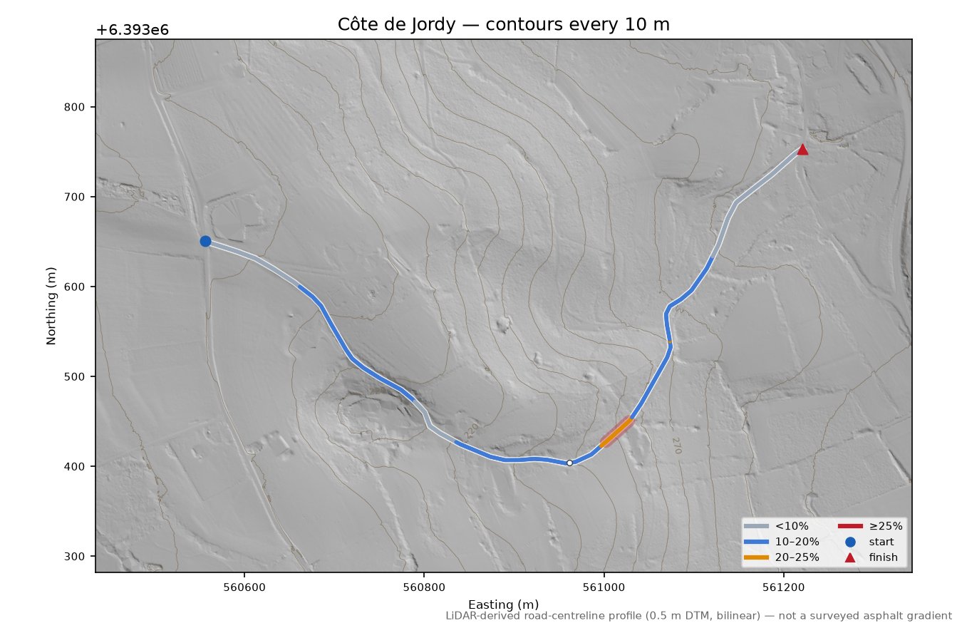 Côte de Jordy LiDAR hillshade map with contours