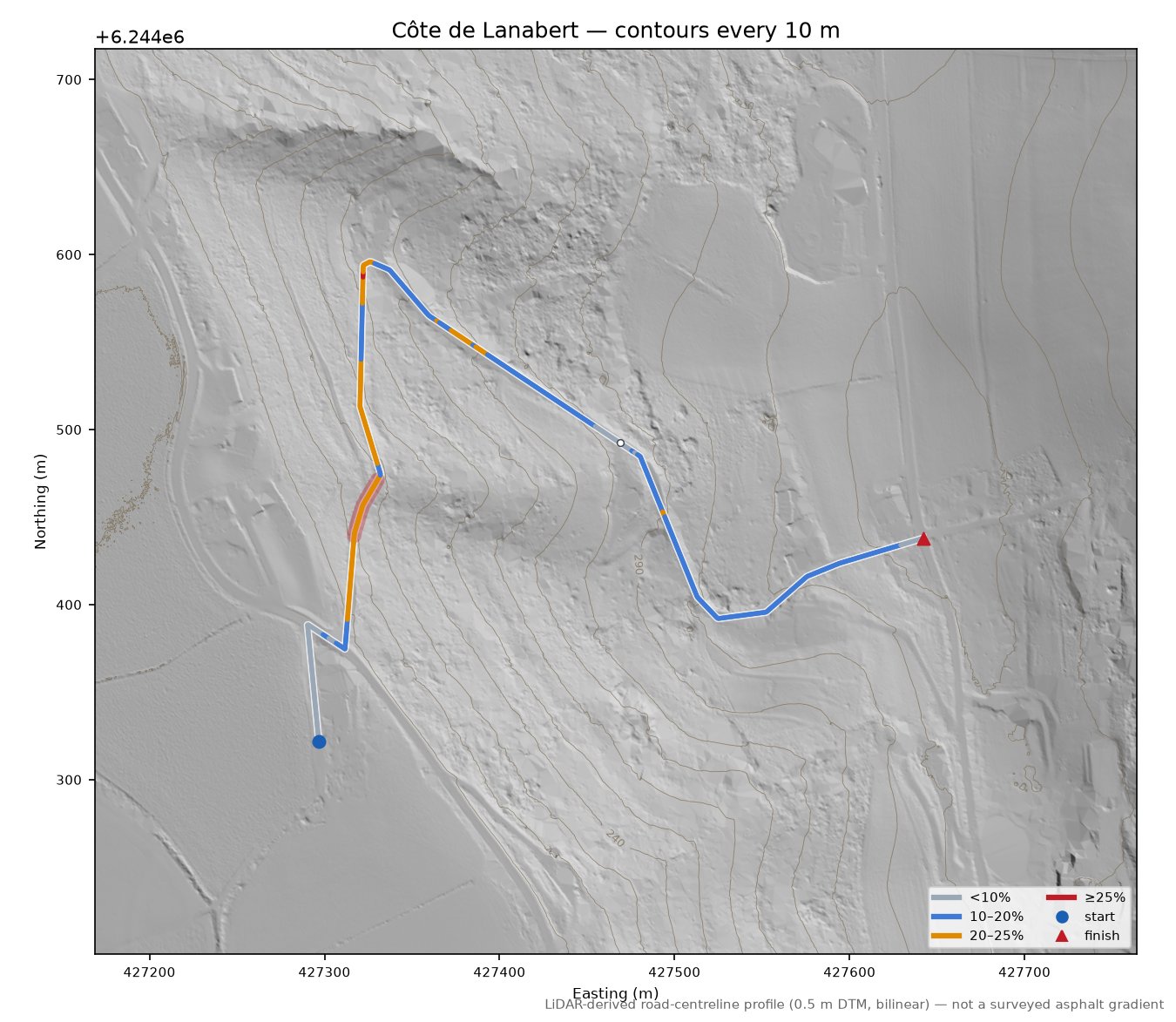 Côte de Lanabert LiDAR hillshade map with contours
