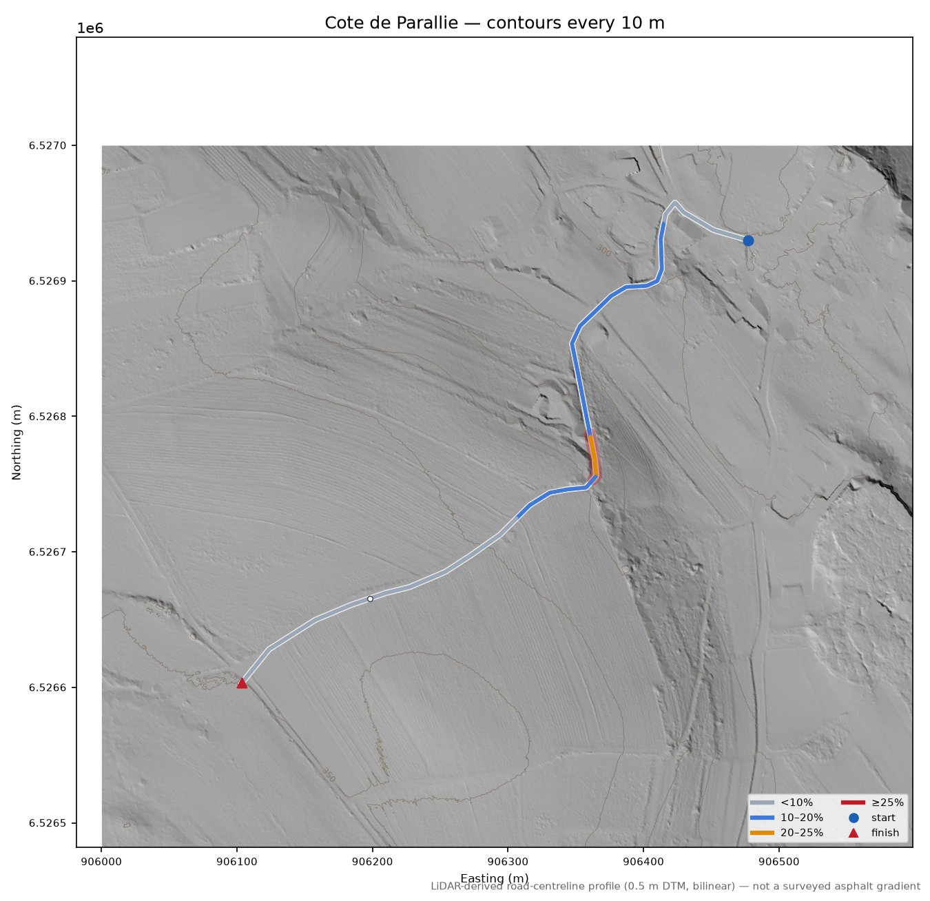 Cote de Parallie LiDAR hillshade map with contours