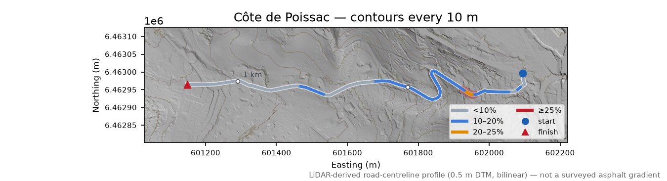 Côte de Poissac LiDAR hillshade map with contours