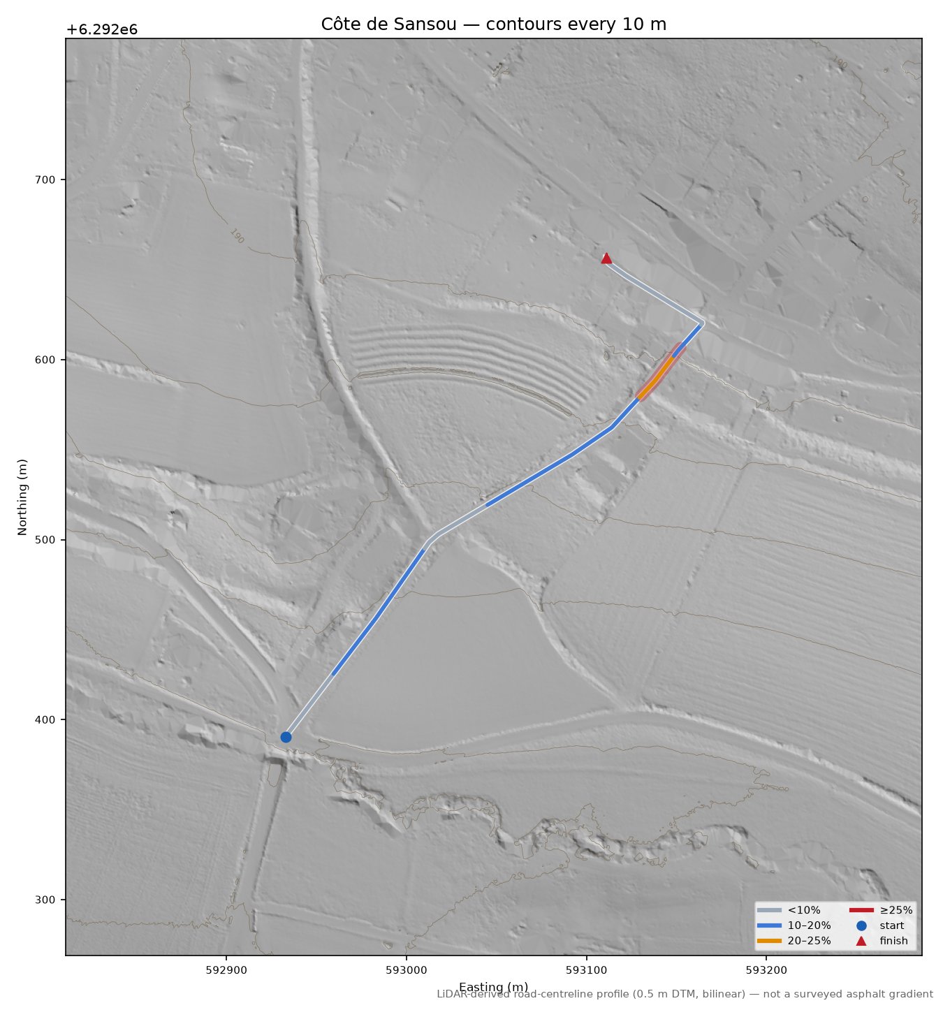 Côte de Sansou LiDAR hillshade map with contours