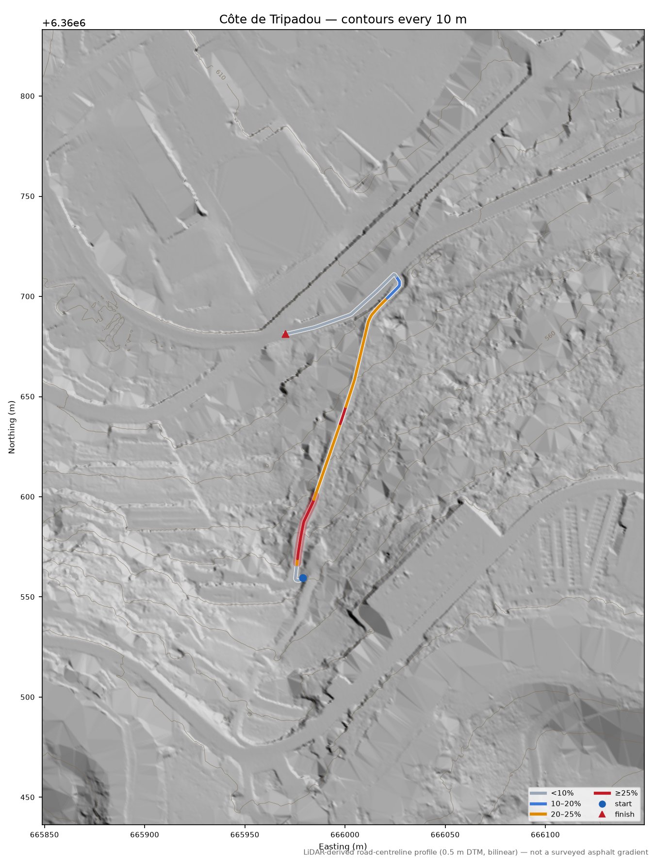 Côte de Tripadou LiDAR hillshade map with contours