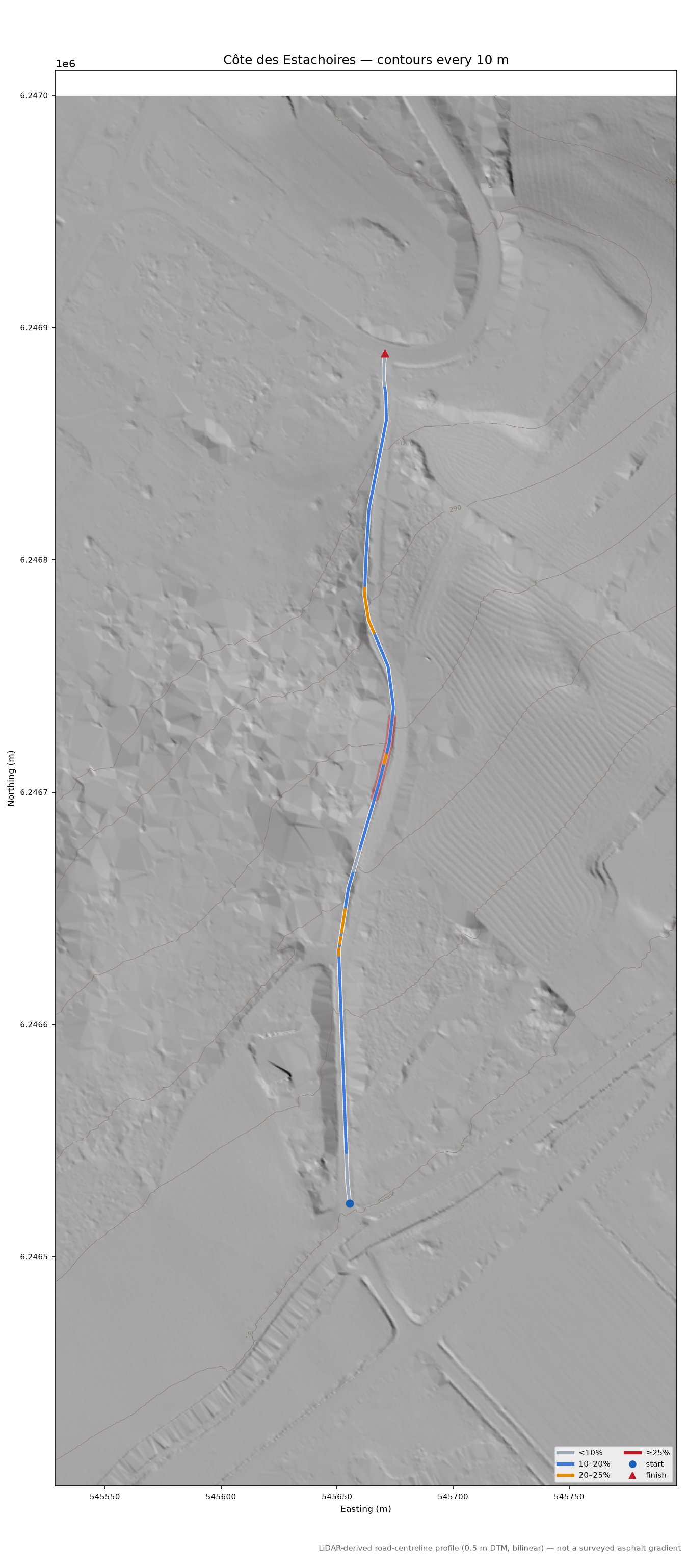 Côte des Estachoires LiDAR hillshade map with contours