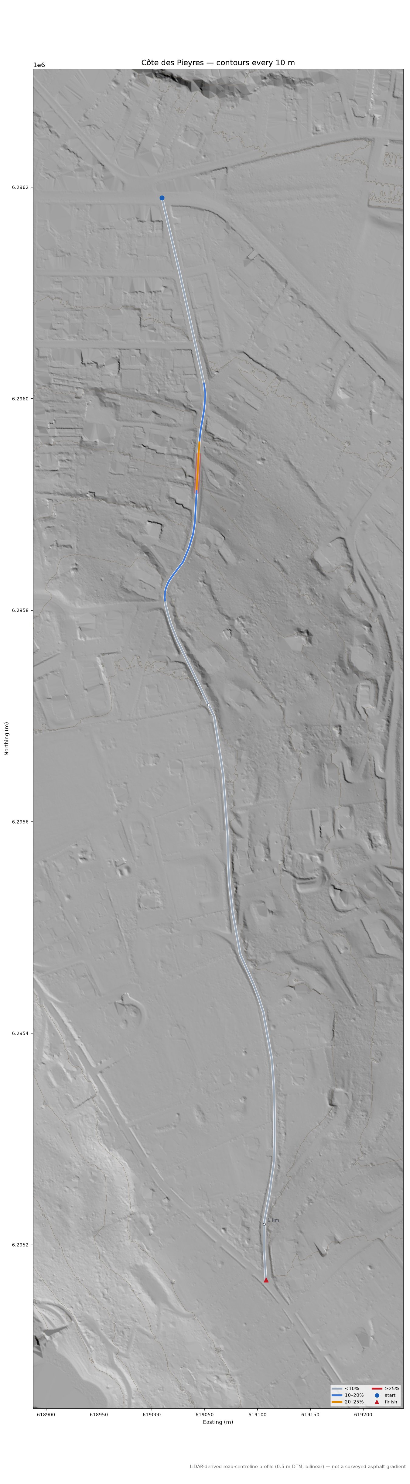 Côte des Pieyres LiDAR hillshade map with contours