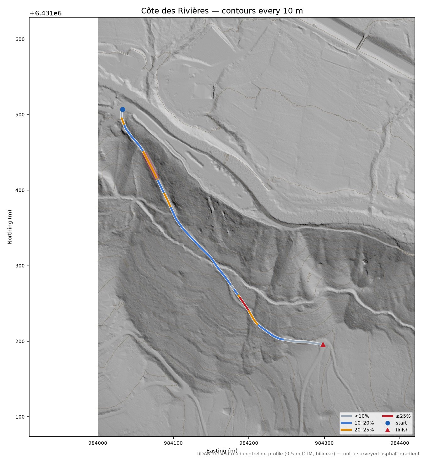 Côte des Rivières LiDAR hillshade map with contours