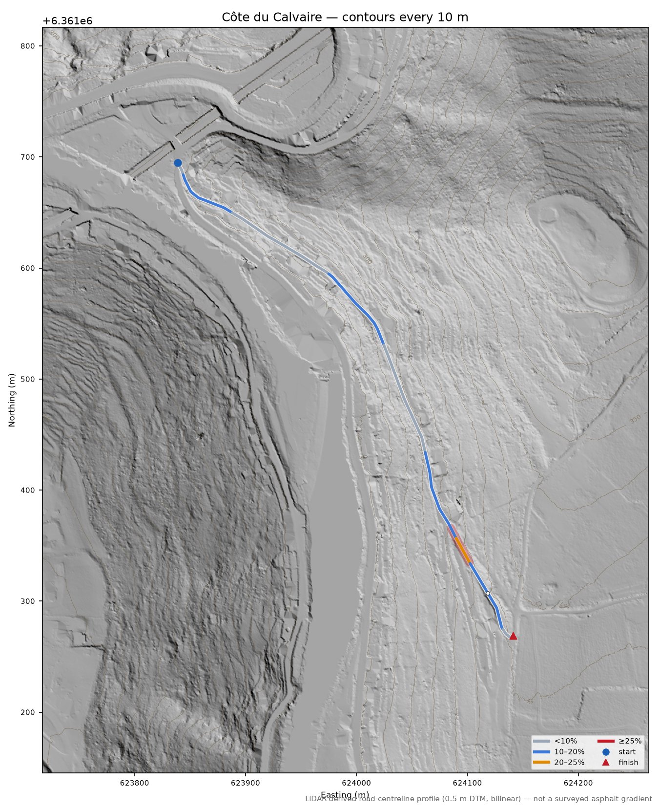 Côte du Calvaire LiDAR hillshade map with contours