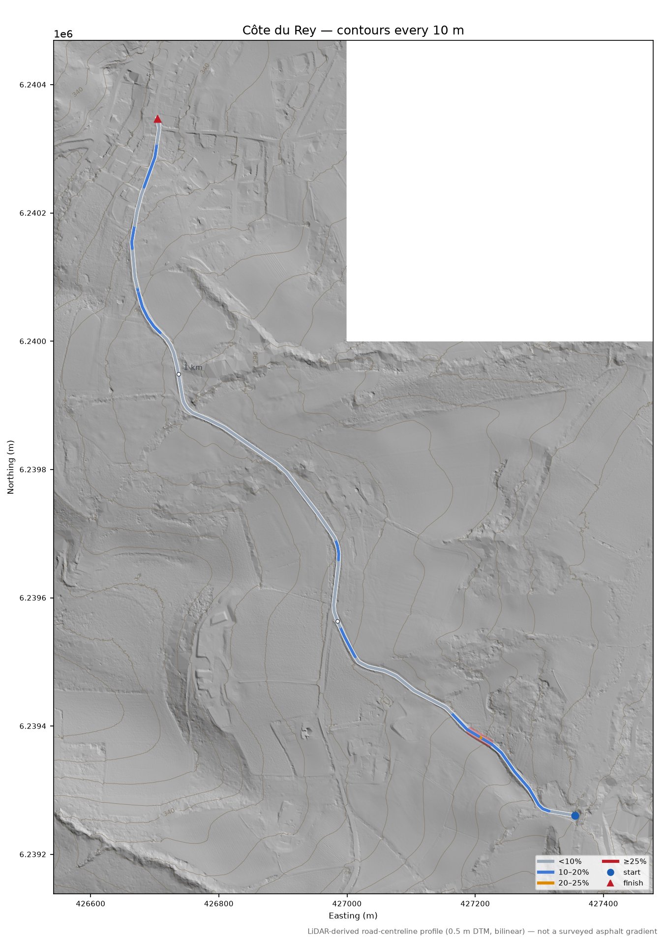 Côte du Rey LiDAR hillshade map with contours