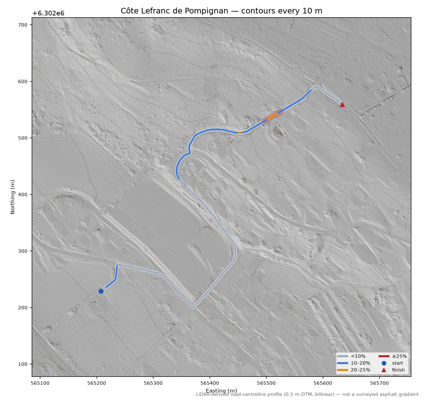 Côte Lefranc de Pompignan LiDAR hillshade map with contours
