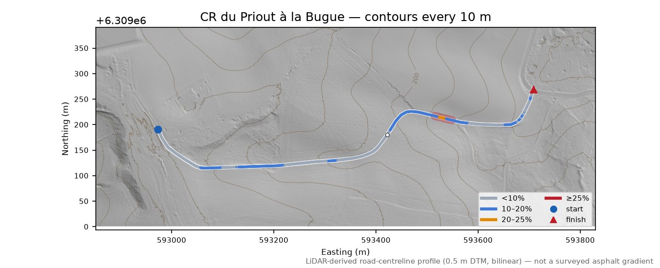 CR du Priout à la Bugue LiDAR hillshade map with contours