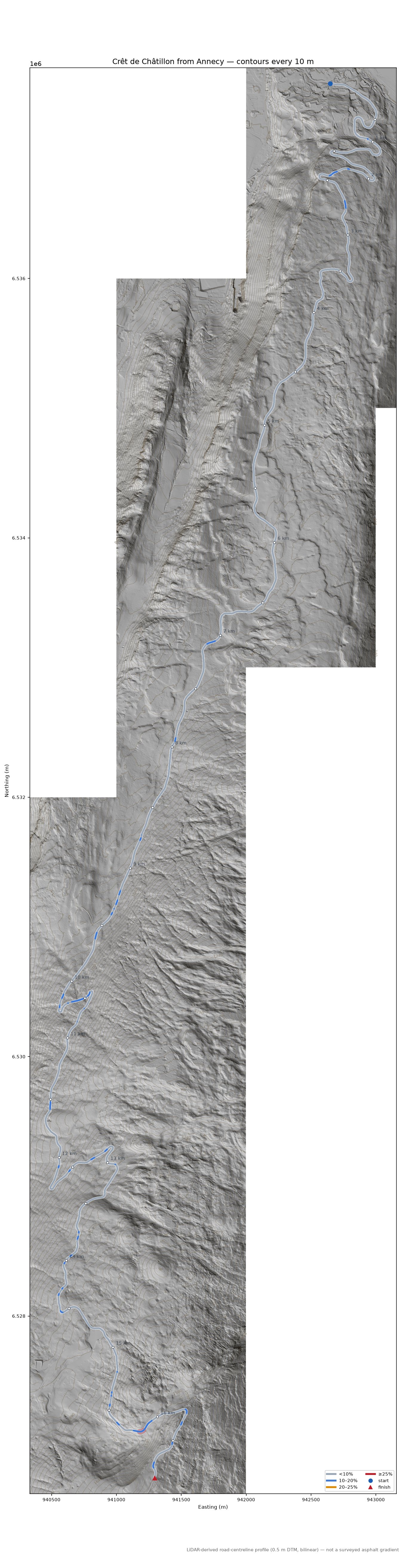 Crêt de Châtillon from Annecy LiDAR hillshade map with contours