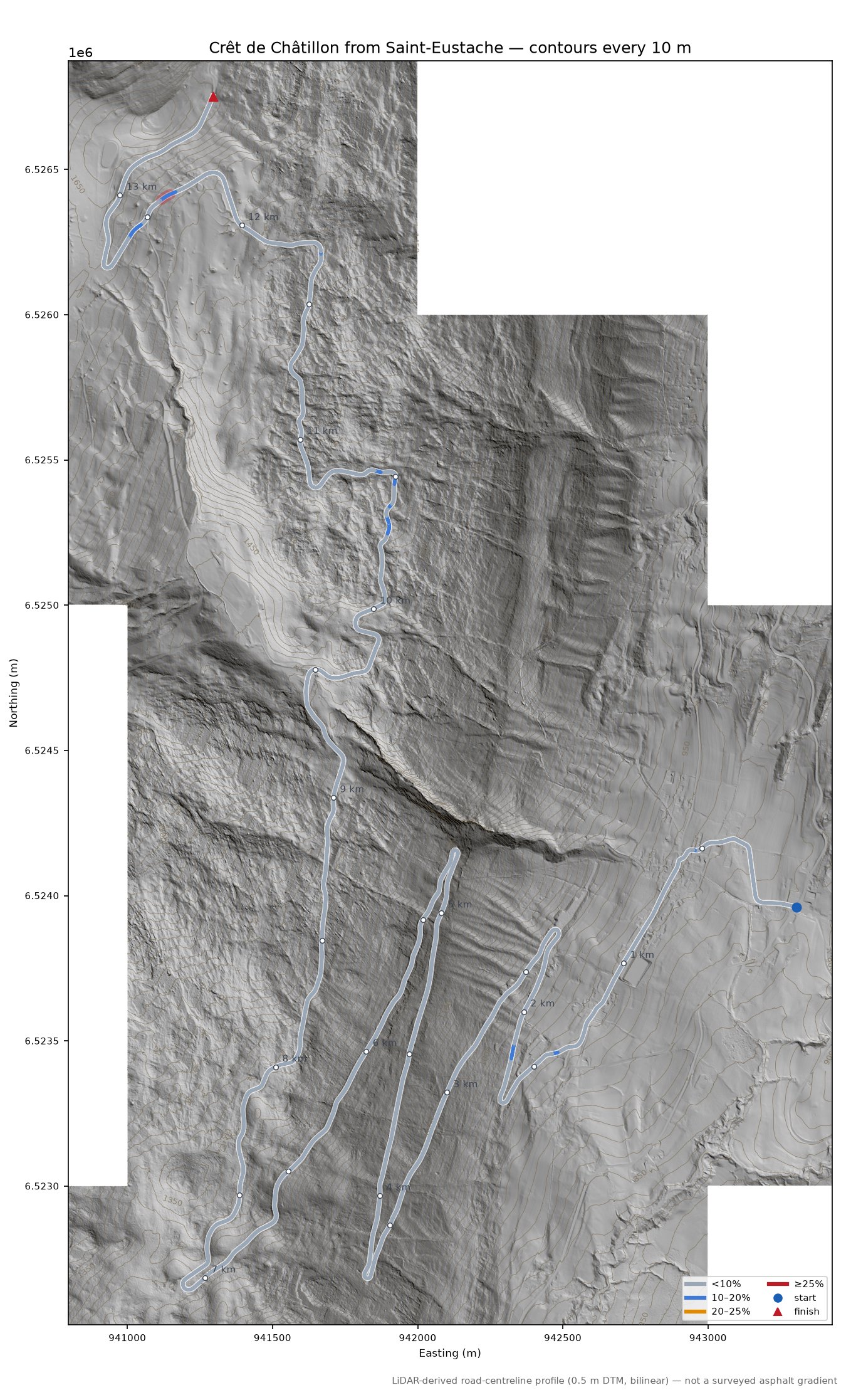Crêt de Châtillon from Saint-Eustache LiDAR hillshade map with contours