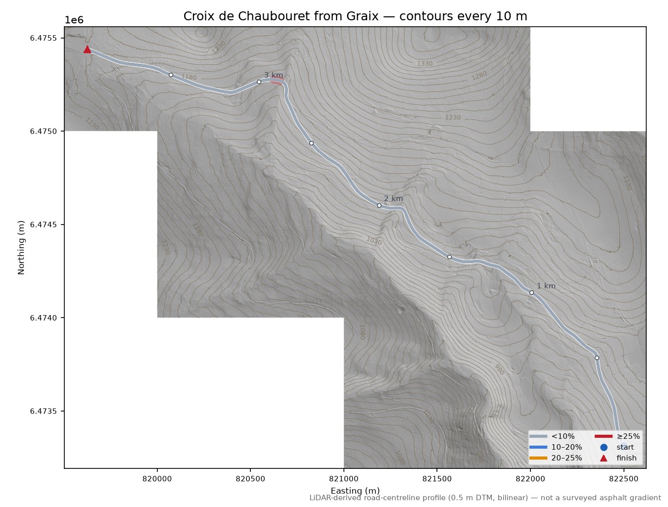 Croix de Chaubouret from Graix LiDAR hillshade map with contours
