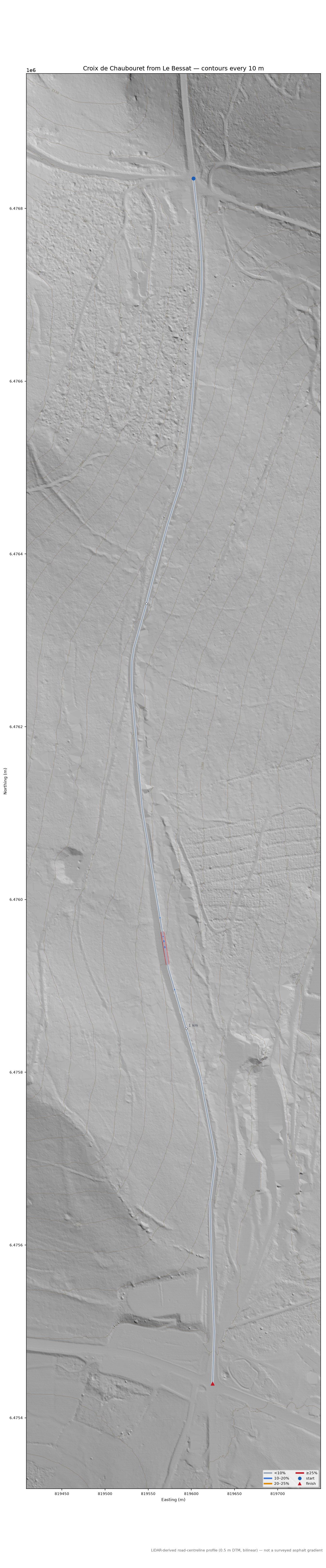 Croix de Chaubouret from Le Bessat LiDAR hillshade map with contours