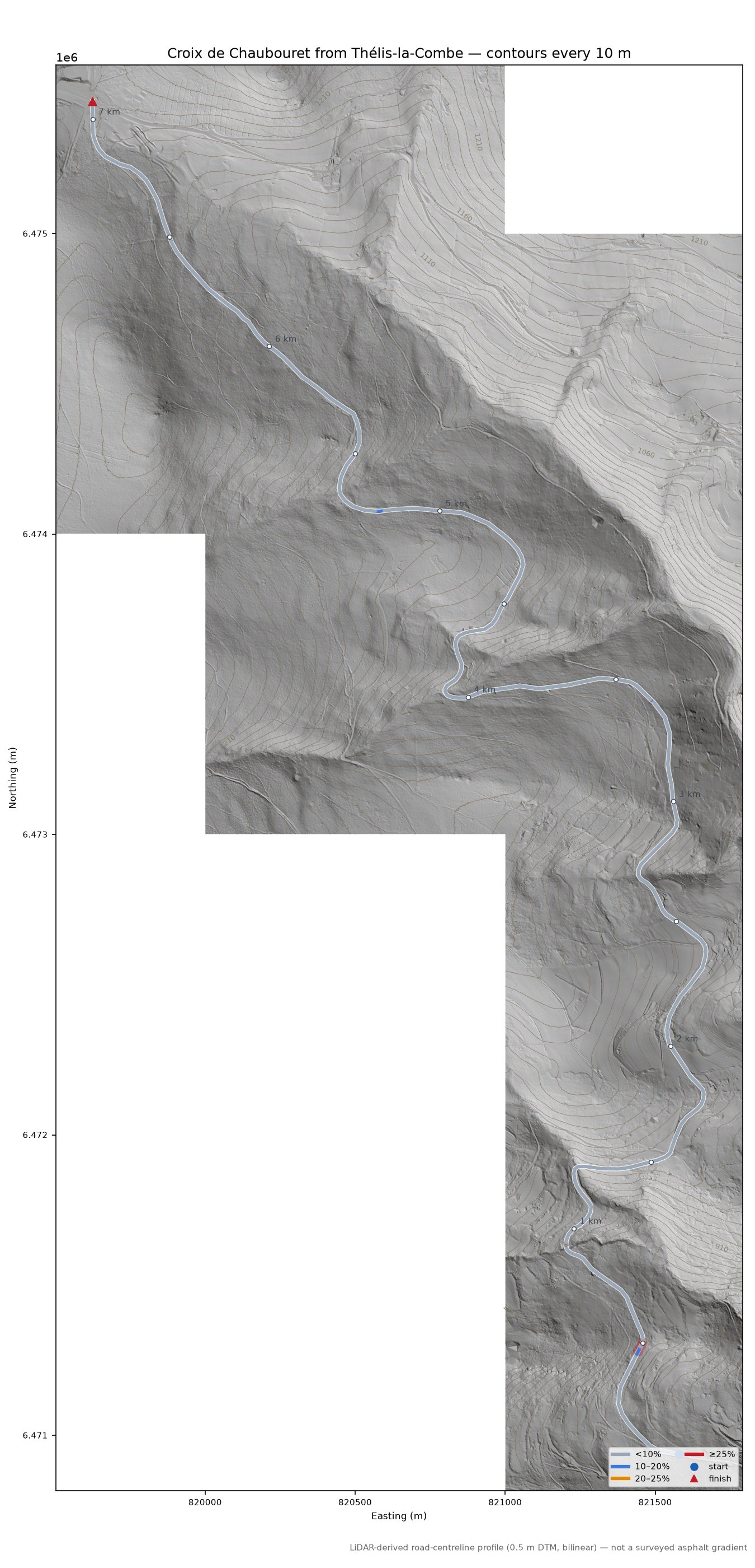 Croix de Chaubouret from Thélis-la-Combe LiDAR hillshade map with contours