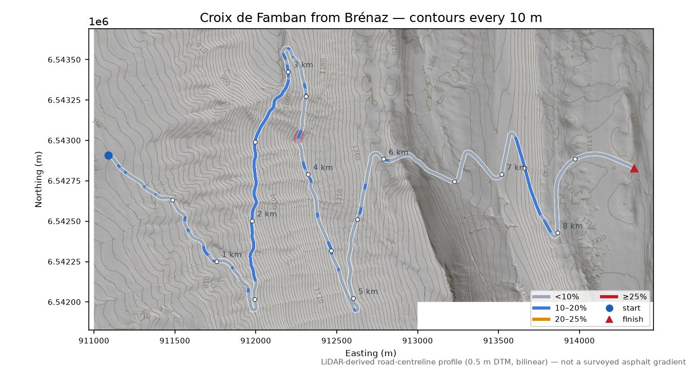 Croix de Famban from Brénaz LiDAR hillshade map with contours