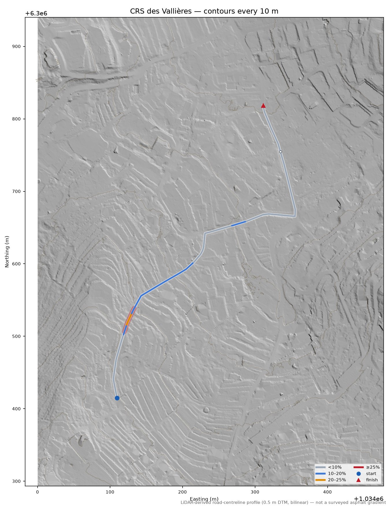 CRS des Vallières LiDAR hillshade map with contours
