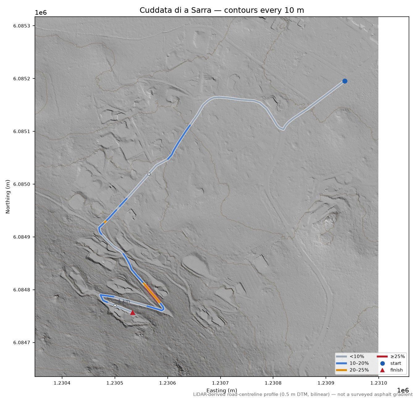 Cuddata di a Sarra LiDAR hillshade map with contours