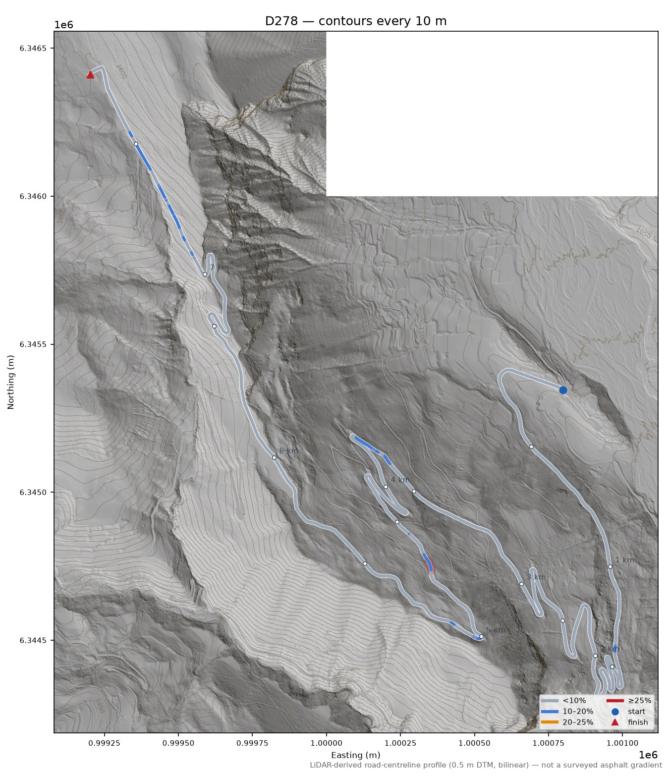 D278 LiDAR hillshade map with contours
